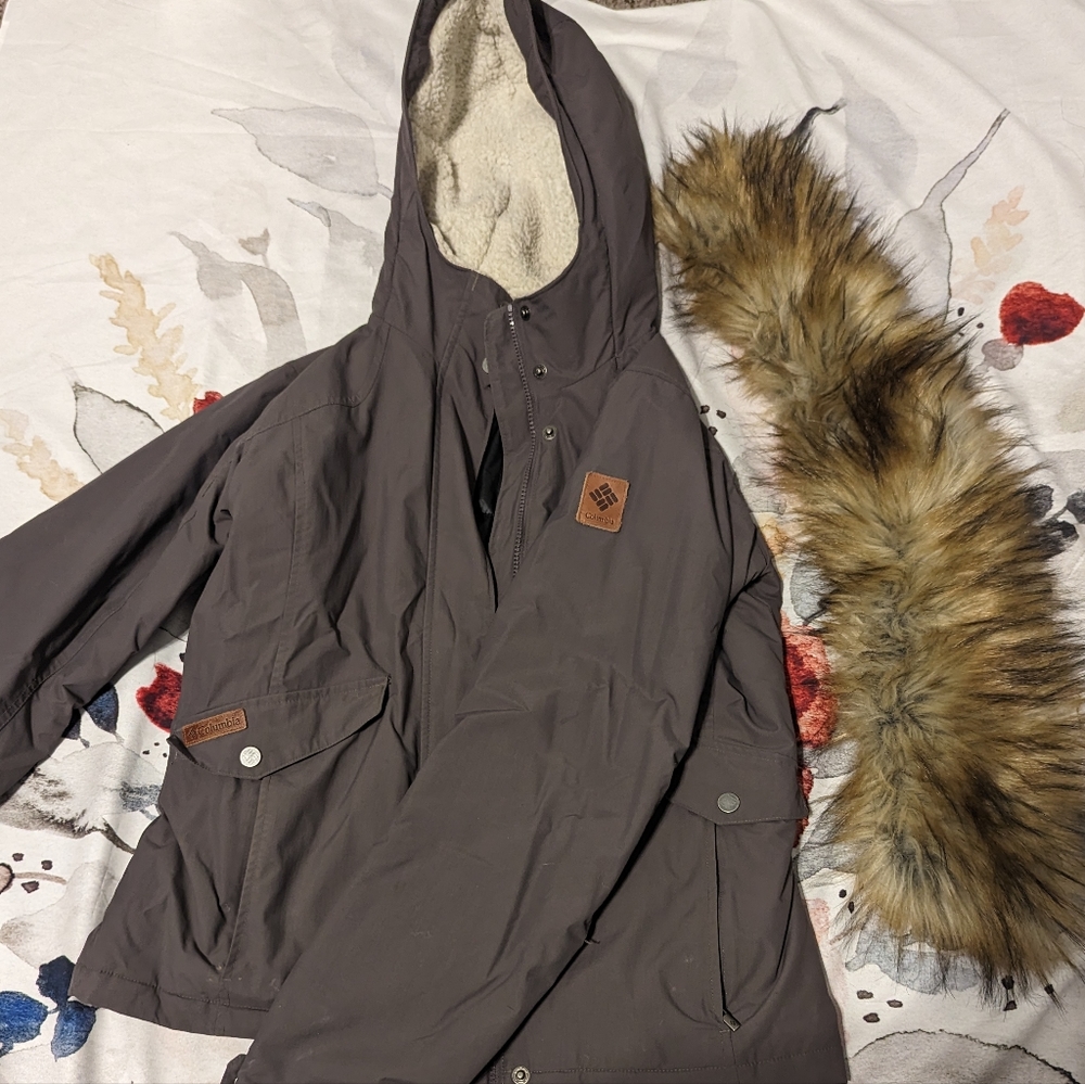 medium Dark Grey Columbia Winter Jacket with Detachable Faux Fur Hood